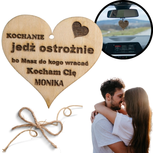 ZAWIESZKA SERCE DO AUTA Z GRAWEREM JEDŹ OSTROŻNIE - Personalizowany Prezent