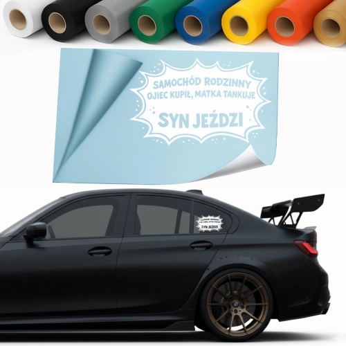 Naklejka OJCIEC KUPIŁ SYN JEŹDZI | Śmieszna Wlepka Auto | 15cm