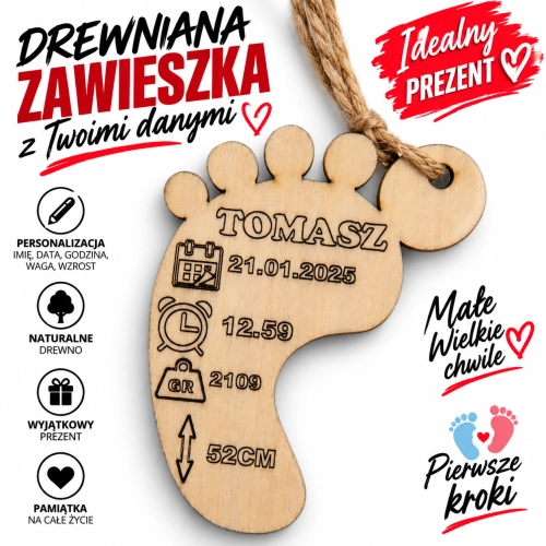 ZAWIESZKA METRYCZKA DO AUTA Z GRAWEREM STÓPKA DZIECKA - Personalizowany Prezent (W02)