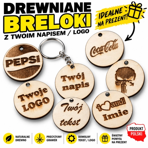 Personalizowany Brelok ze Sklejki na Prezent | Grawer Własny Tekst, Imię, Data | Różne Kształty i Wzory | Logotypy